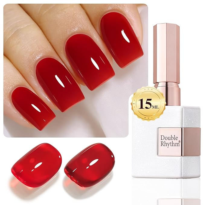 Double Rhythm Gel Polish 15ML Jelly Sheer Pastel Light Milky Color Pearl White Bottle 1 PC 0.5 OZ Full Size Nail Art Salon at Home (Translucent Red-D1449)