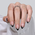 Black French Tip Press on Nails Short with 3D Bow Design - Soft Gel Almond Fake Nails for Women Gift, Natural Stick on Nails with Glue in 16 Sizes - 32 Reusable Nails, Silver Ribbon