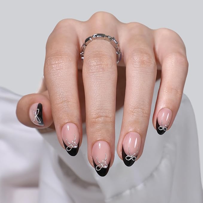 Black French Tip Press on Nails Short with 3D Bow Design - Soft Gel Almond Fake Nails for Women Gift, Natural Stick on Nails with Glue in 16 Sizes - 32 Reusable Nails, Silver Ribbon
