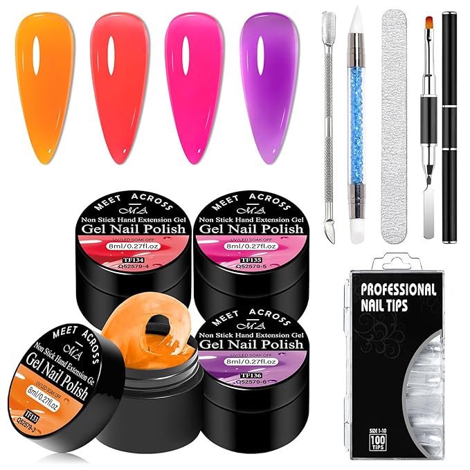 MEET ACROSS 9Pcs 3D Builder Gel Kit for Nail Art Hot Pink Orange Purple Non Sticky Hand Carving Extension Solid Builder Gel for Nails with Silicone Pen Manicure Kit 4 Colors