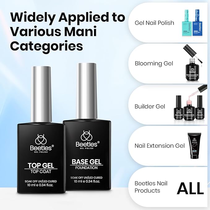Beetles Gel Base and Top Coat Set, 2pcs 10ml Shine Finish and Long Lasting Top Coat Gel Nail Polish, Soak Off LED Nail Lamp Nail Polish Art Design Home DIY Manicure Gifts for Women