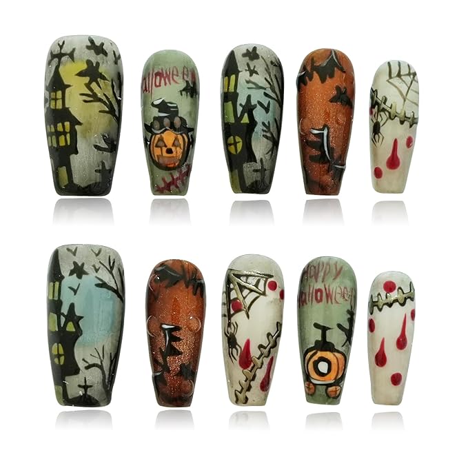 Handmade Press on Nails Long Coffin - Cartoon Story with Horror Design for Parties, Halloween (Halloween House Story,S)