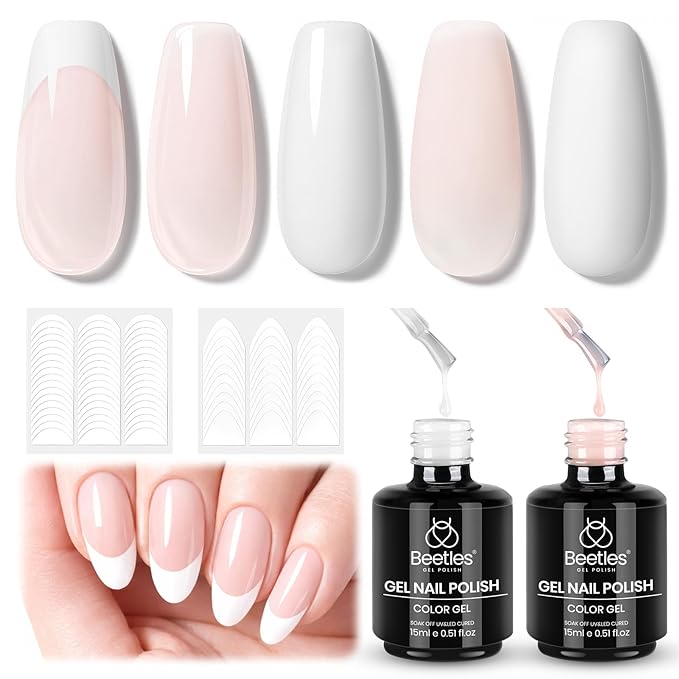 Beetles French Tip Gel Polish Set - White Nude Pink Gel Nail Polish Set Soak Off UV LED with 2 Styles Bubble French Manicure Nail Art Sticker Sheets for DIY Home & Salon Easter Gift for Women