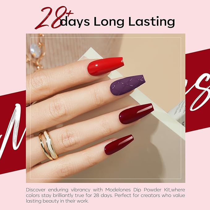 Modelones Dip Powder Nail Kit, 4 Colors Red Purple Glitter Dipping Starter Set with Liquid and Accessories for French Nails Art Salon DIY at Home Manicure