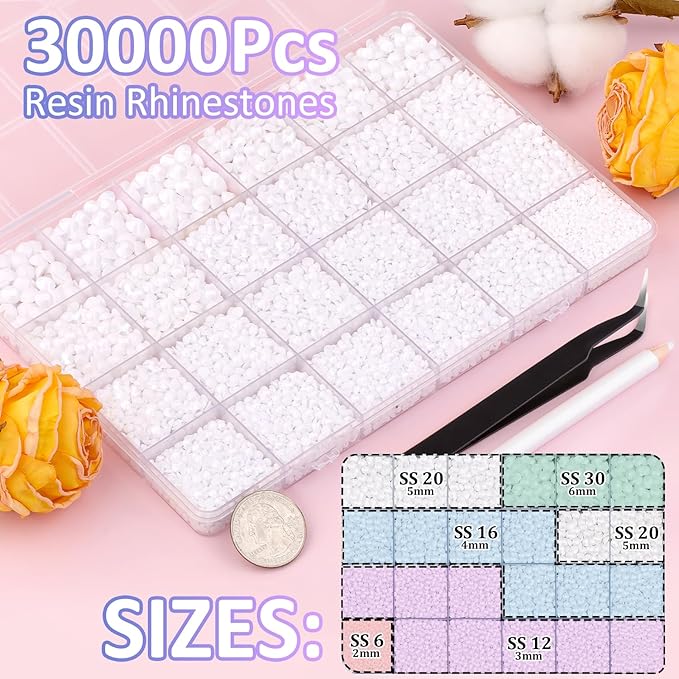 30000Pcs White Rhinestones for Bedazzling with B7000 Jewelry Glue, Bedazzler Kit Flatback Gems, Resin Rhinestones for Crafting Crafts Clothing Shoes Fabric Nail Art Assorted Size 2/3/4/5/6mm
