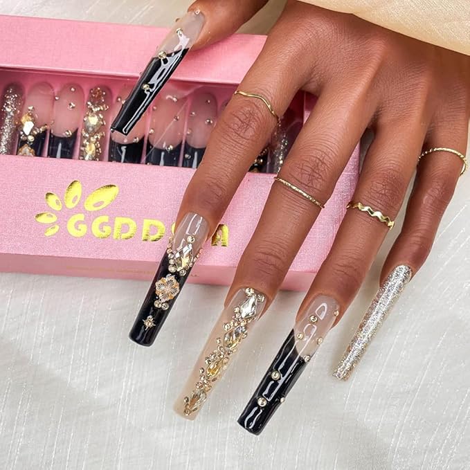2025 100% Handmade Nails Long and Reusable PMMA Acrylic Press on Nails With Rhinestone Spot Black Design Reusable Full Coverage Fake Nails Handmade Nails Ladies Fake Nail Set (Black, M)