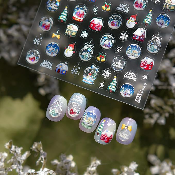 Christmas Nail Stickers Gingerbread Man Nail Art Stickers Xmas Crystal Ball Nail Decals with Design 5D Embossed Self Adhesive Nails Charms for Women Girls Manicure Decoration Accessories 2 Sheets