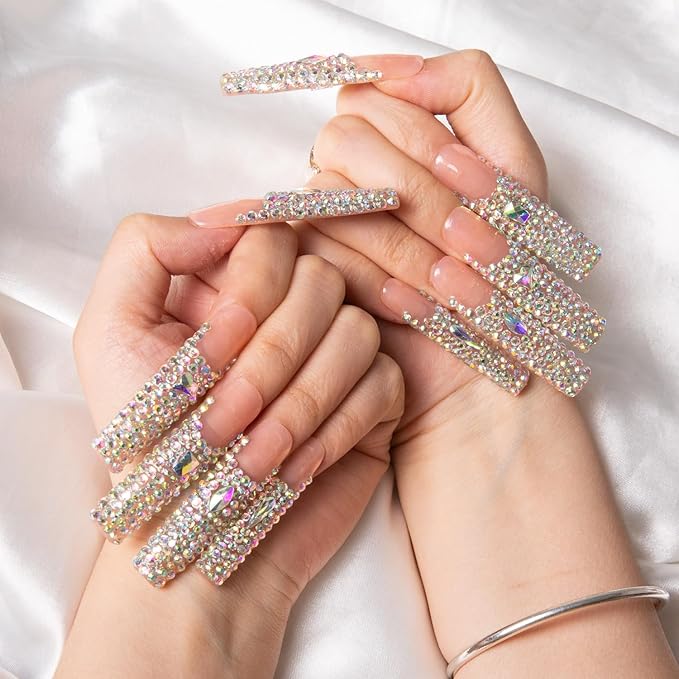 LOVFUL Press on Nails Angel's Tear | Handmade with Full Covered Crystals | Reusable Fake Nails | Square | H48-M, pink