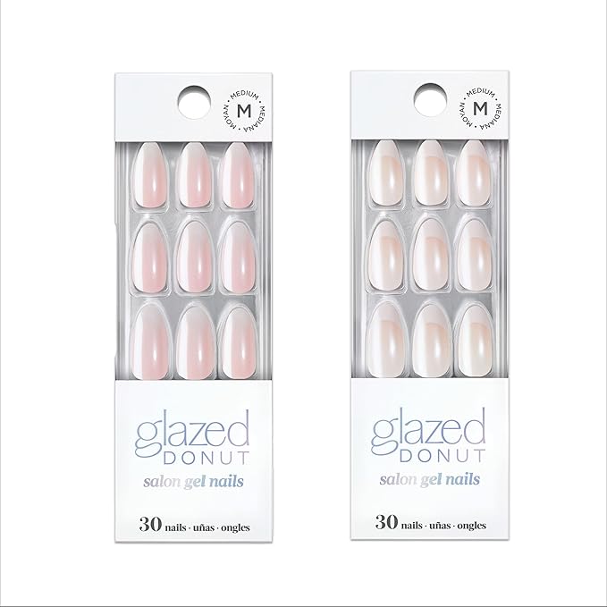Dashing Diva Nailbliss Glazed Donut Gel Manicure Bundle - Rosewater Glaze & French Glaze - Salon Quality, Easy to Apply and Chip Resistant - Contains 2 Sets of 30 Medium Length, Almond Shaped