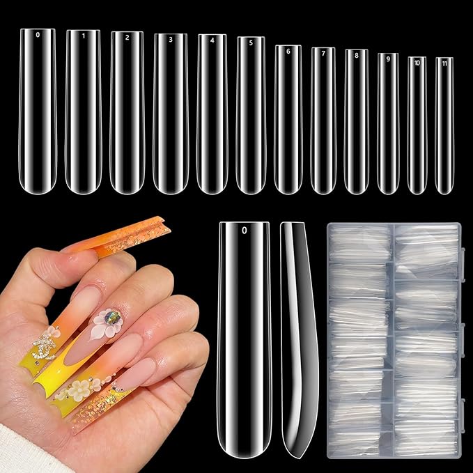 Quaferen Clear Square Nail Tips, 504Pcs XXXL Extra Long Tapered Square Straight Acrylic Nail Tips, Full Cover No C Curve Gel False Nail Extension Tips for Nail Art