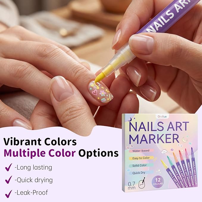 12 Colors Nail Art Pens for Painting Nails, 0.7mm Fine Tip Nail Art Makers, No Shaking Required, Quick Dry, Easy Control Nail Markers Kit for Beginners