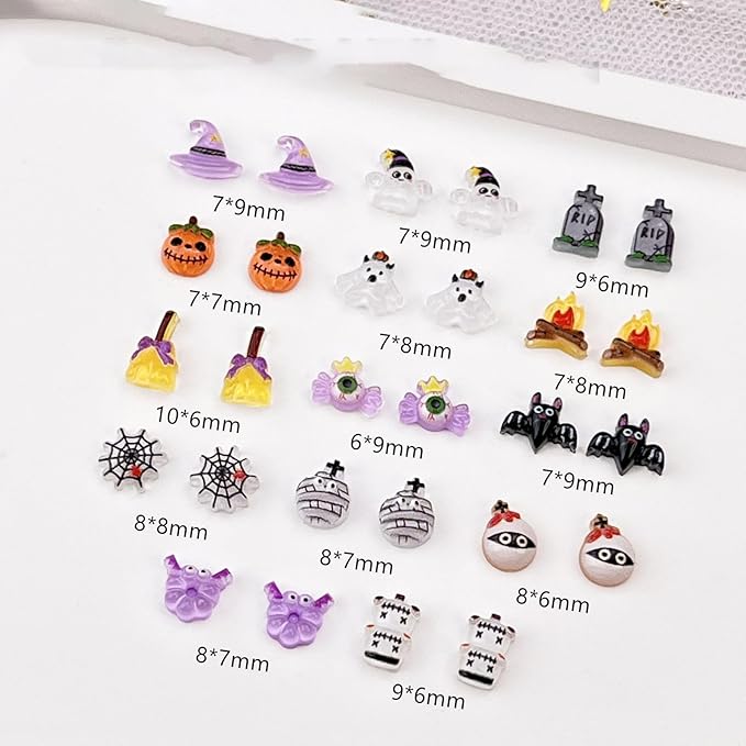 100Pcs Halloween Nail Art Charms Multi Shapes Colors 3D Pumpkin Torch Broom Nail Charms Cute Cartoon Bandage Web Ghost Tombstone Hat Nail Art Rhinestones Mini Flatback Nail Supplies for DIY Nails Art