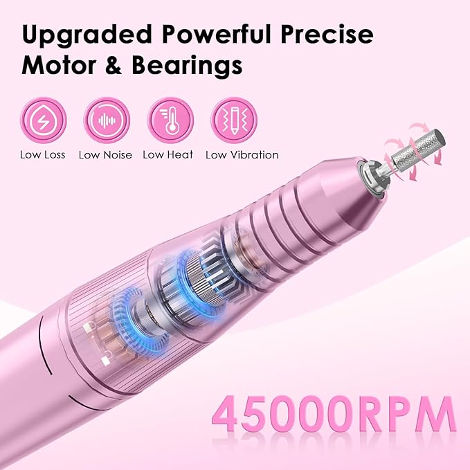 Professional Electric Nail Drill File, HUGMAPLE 45000RPM Portable E-File Machine with Bits & Base, Cordless Rechargeable Nail Drill Kit for Shaping, Removing & Polishing Gel Nails for Salon Home, Pink