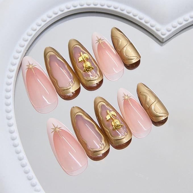 Almond Press on Nails Medium Fake Nails French False Nails Gold Artificial Nails with 3D Flowers Designs Acrylic Nail Press ons Glitter Stick on Nails for Women 24pcs