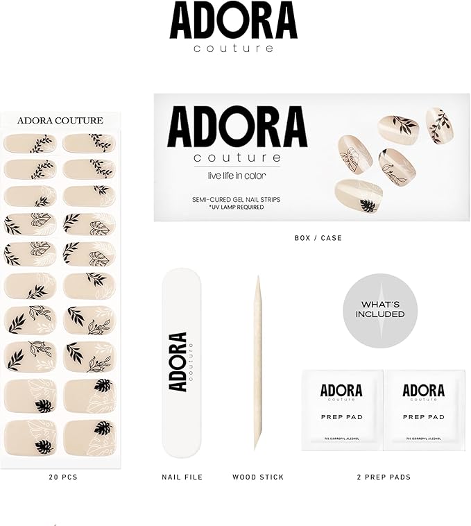 Semi-Cured Gel Nail Strips - 20 Salon-Quality Gel Sticker with UV Light Required, Long Lasting, Easy Application & Removal, Includes Prep Pad, Nail File, Wooden Stick (Latte Leaves)