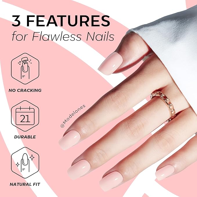 Modelones Whisper Pink Press on Nails, Spring Short Square Fake Nails, Reusable Nail Kit with Nail Glue Adhesive Tabs Mini Nail File, Nails Press Ons 32Pcs16 Sizes, Women Girl Gift