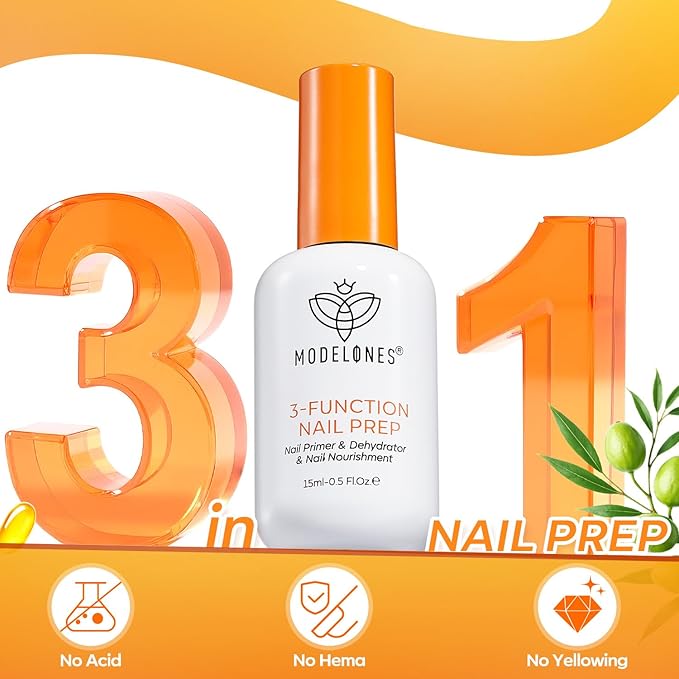 modelones Nail Dehydrator and Primer Base Coat, 3-in-One HEMA-Free Nourishing Prep for Acrylic & Gel Nails, Supports Growth