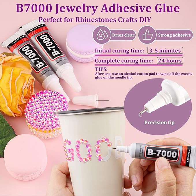 Resin Rhinestones for Crafting with 3Pcs 10ml B7000 Jewelry Glue, 3 Boxes Pink AB Flatback Gems Crystals Diamond for Bedazzling Crafts DIY Nail Art Makeup,Gems for Clothing Tumblers Shoes