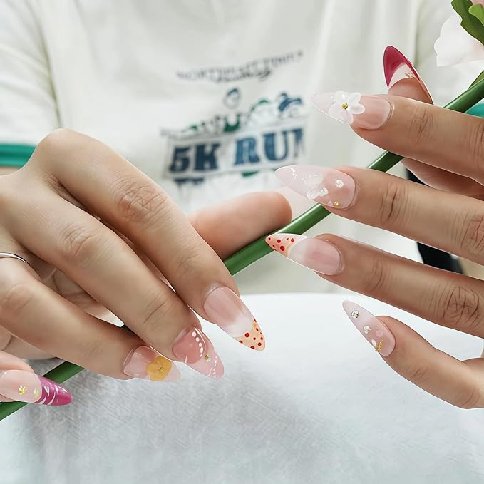 Light Pink Press On Nails - Medium Almond Handmade 3D Floral Gradient Color with Water Drop Butterfly Decor & Seashell,Hand-painted French Tip for Spring Summer (Hand Painting,S)