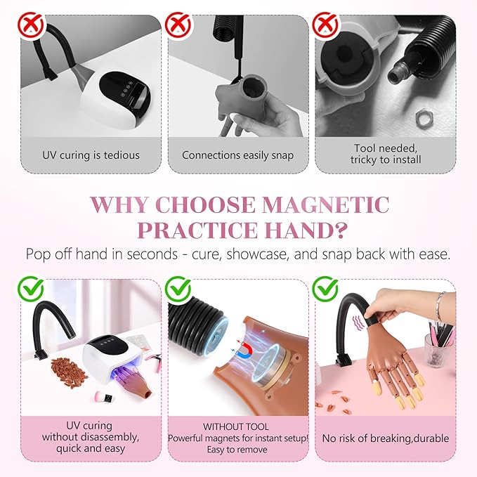 Magnetic Practice Hand for Acrylic Nails: Flexible Fake Hand Manicure Training Hand with Strengthen Nail Tips - Mannequin Hand with 100PCS Replacement Tips