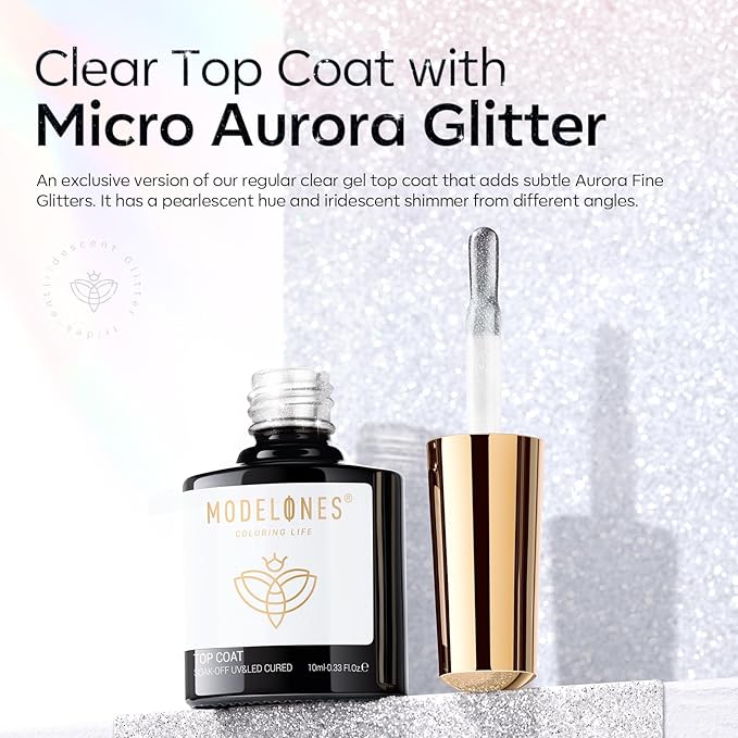 modelones Glitter Gel Top Coat, Ultra Fine White Aurora Clear Glitter Gel Polish Glossy Sparkle Finish Long Lasting Soak Off Pearlescent Shimmer Manicure Nail Art Gift for Women Girls