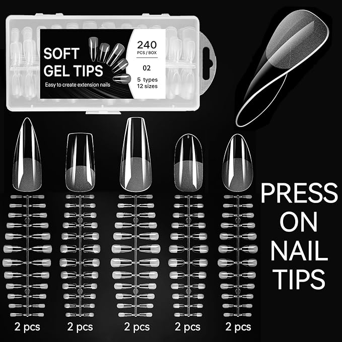 Acrylic Fake Nails Kit Press On Nail kit with 240PS Clear Nail Tips,Nail Art Stand,Art Brushes,Swatch Sticks,Acrylic Cutter,Nail Art Tools with Everything for Beginners DIY Nails Home Salon