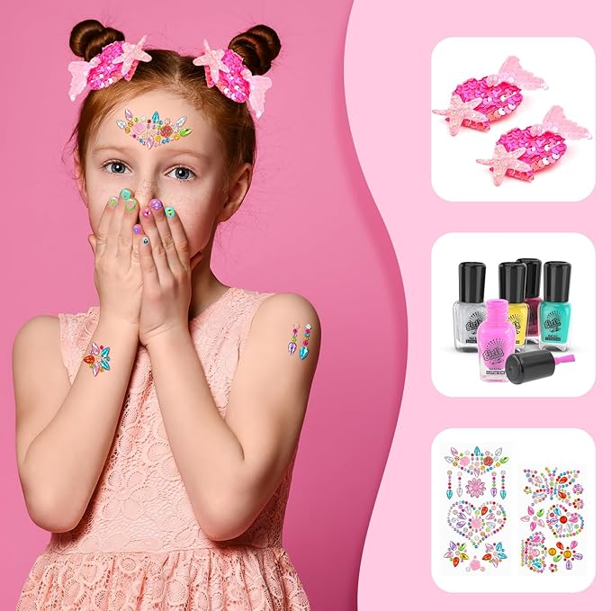 Amagoing Kids Nail Polish Set for Girls, All-in-One Nail Art Kit with Storage Box Ages 6-8, Non Toxic Peelable Nail Polish, Nail Dryer, Hair Clip, Girl Makeup Case Toys Birthday Gift for 5 6 7 8 9