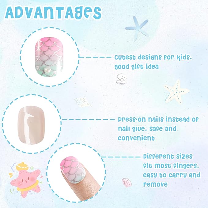 Laza Children Nails Press On Pre-glue Full Cover Light Powder Blue Gradient Sea Wave Pattern Seahorse Shell Glitter Short False Nail Kits for Kids Teenager Girls-Mermaid Pearl