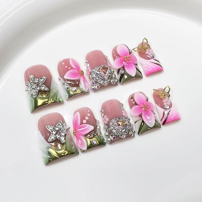 Handmade Gradient Flower Press on Nails Short Duck Fake Nails Muti-Layer Gel Stick on Nail with Luxury 3D Flower & Rhinestone Designs French Tip Fake Nails Art Acrylic False Nails for Wome (Size S)