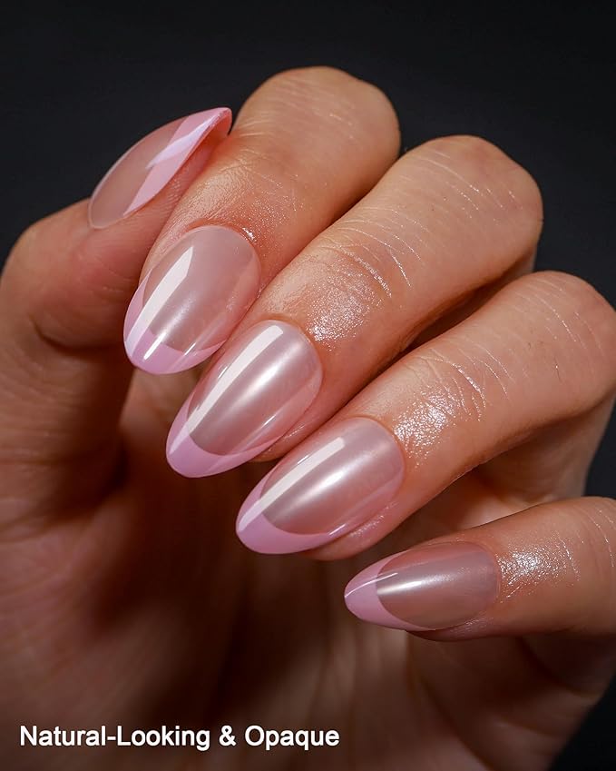 16 Size Chrome White French Tip Almond Press On Nails,32 Pcs Salon Quality Glossy Short Glue on Gel Nails (Pink on Pink French Tip)