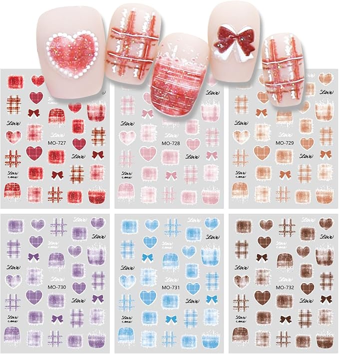 6 Sheets Bow Nail Stickers for Nail Art Red Pink Purple Blue Brown Bow Heart Designs 5D Embossed Self Adhesive Nail Decals for Women DIY Manicure Decoration YX1239