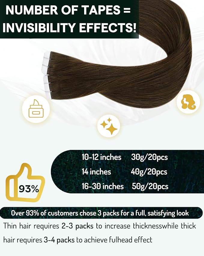 RUNATURE Tape Hair Extensions Real Human Hair, Chocolate Brown Tape in Hair Extensions Human Hair, 20 Inch Brown Hair Tape in Extensions for Women, Soft Texture, Easy to Apply, 50g 20pcs
