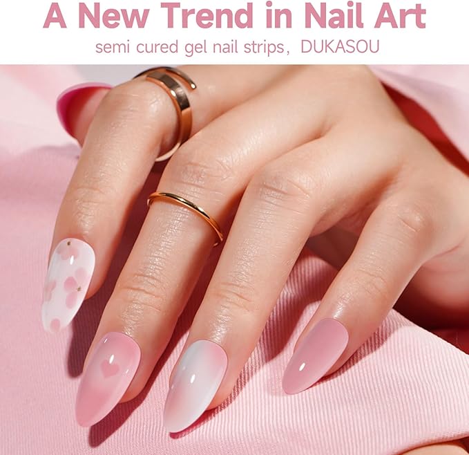 Semi Cured Gel Nail Strips,28 Pcs Flowers Gel Nail Stickers Wraps,Long Lasting Polish Strips with UV Light Requried, Easy to Apply (Pink Love)