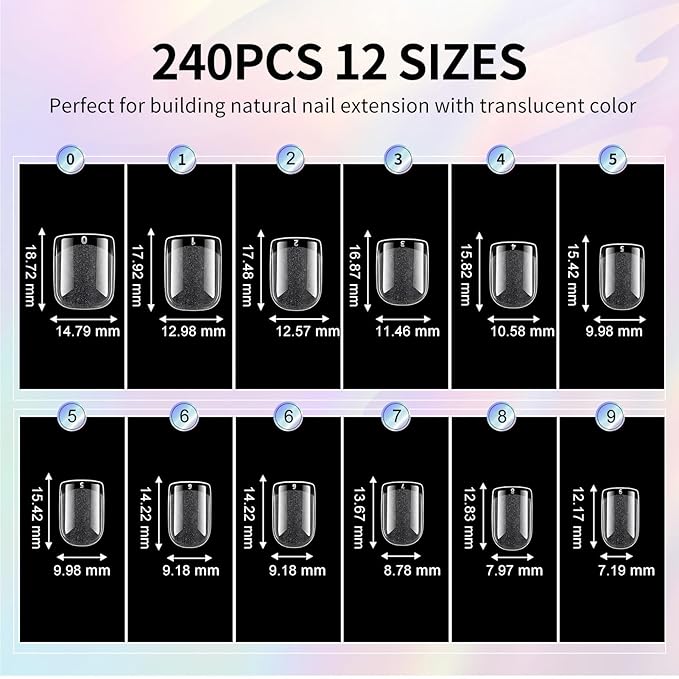 Extra Short Square Nail Tips - 12 Sizes 240 PCS Pre-Etched Soft Gel Nail Tips Half Matte Acrylic Full Cover Clear Pre Etched Nails for Nail Extension Manicure Home DIY Manicure Salon