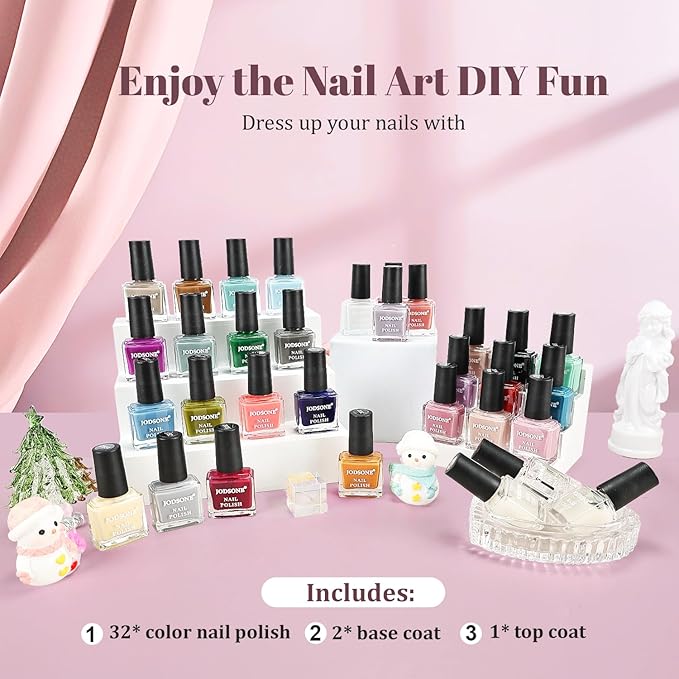 JODSONE 32 Colors Quick Dry Nail Polish Set 0.17 fl.oz,Valentines Nail Polish Set with 1 Top Coat & 2 Base Coat,Totaling 35Pcs,Air Dry & Long Lasting Nail Art DIY Home Manicure Gift for Women