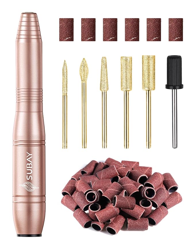 Subay Electric Nail File, Nail Drill Machine for Acrylic Gel Nails, Portable USB Nail Drill Kit Set with 6 Nail Drill Bits & 26 Sanding Bands for Home and Salon Use - Gold