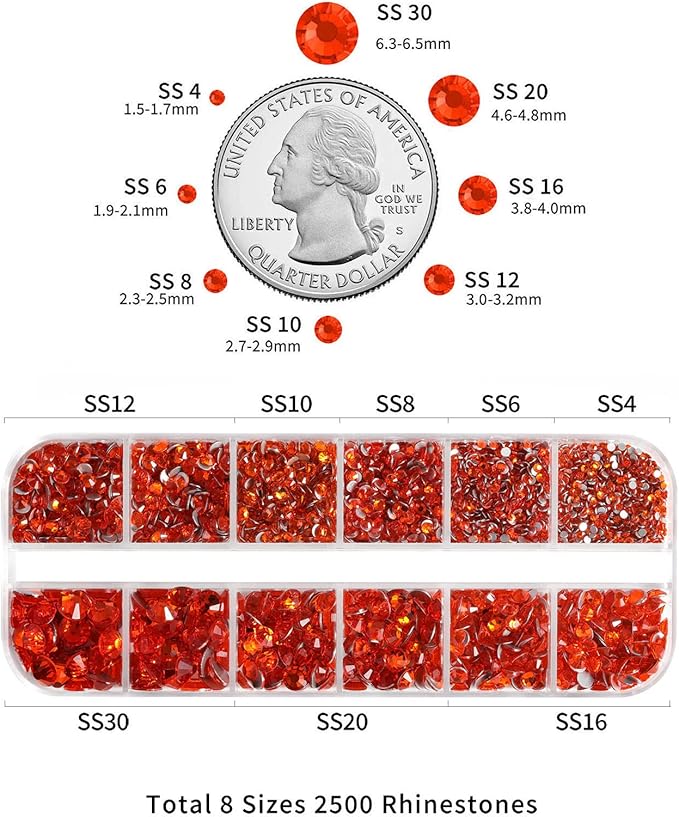 Beadsland Rhinestones for Makeup,8 Sizes 2500pcs Orange Flatback Rhinestones Eye Gems for Nails Crafts with Tweezers and Wax Pencil,Orange,SS4-SS30