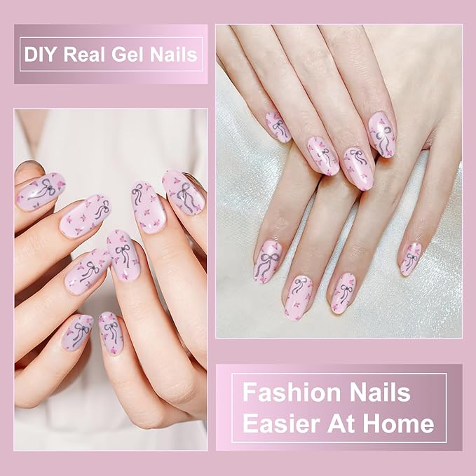Semi Cured Gel Nail Strips,28 pcs Cute Bows Gel Nail Stickers with UV Light Required,Long Lasting Nail Art Stickers, Easy to Apply（Pink）