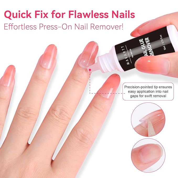 Makartt Nail Glue with Remover - No Lamp Needed 10ml Semi Solid Nails Glue for Press-Ons, Acrylic False Tips, Soft Gel, and Toenails, Easy Removal