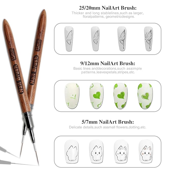 Nail Art Brushes, 5Pcs Wooden Nail Art Liner Brushes,Natural color,Painting Art Design Brush Set Nail Dotting Drawing Tool For Long Lines, Thin Details, Fine Drawing Sizes 6/9/12/15/18mm