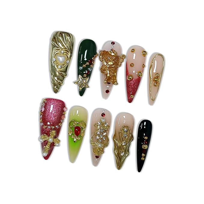 Pink Baroque Press on Nails with Water Ripple Carving, Angel Statue, Cross & Rhinestones, Long Stiletto Glossy Luxury Fake Nails, Reusable Edgy Glam False Nails for Women Gala Party (Size L) ﻿