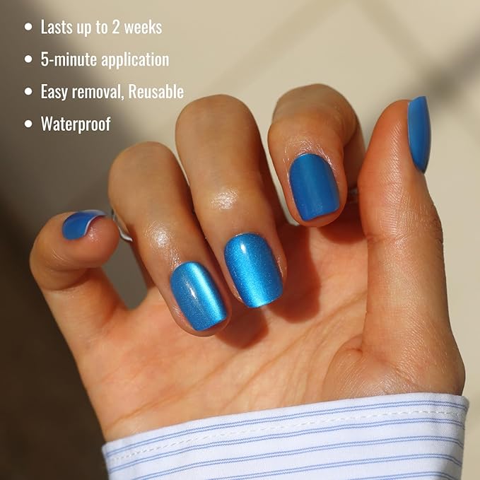 LAMIMOSA 32Pcs Blue Cat Eye Press On Nails Short Square – Soft Gel Fake Nails in 16 Sizes, Reusable Glue on Nail kit, BLUE VELVET
