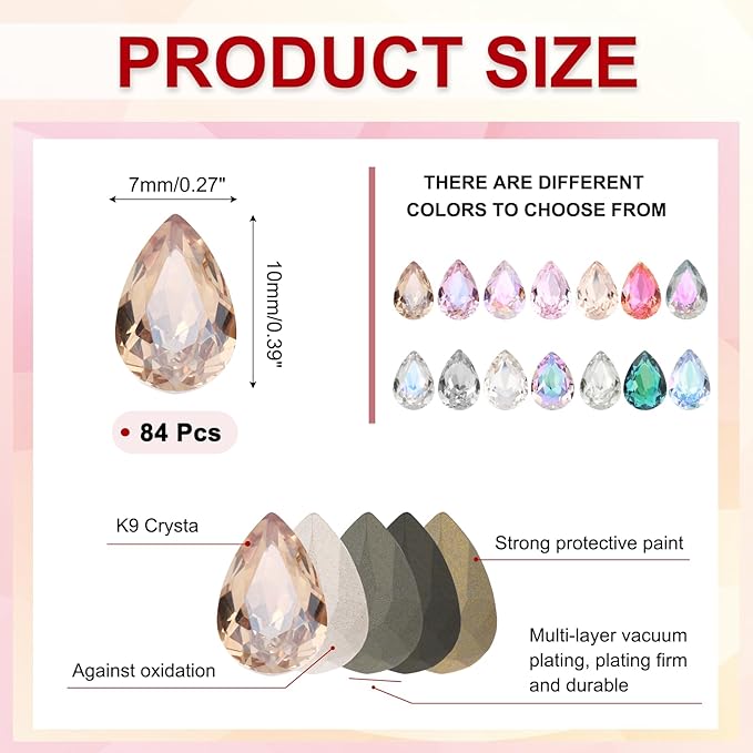 MECCANIXITY Teardrop Rhinestones 7x10mm, 84 Pcs Pointed Back K9 Glass Shiny Drop Shaped Rhinestones Crystal Gems for DIY Jewelry Making Crafts, Champagne