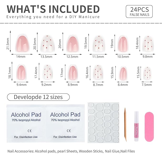 French Press On Nails Short Almond, Cute Nude Pink Fake Nails with White French Tip & Brown Dot Detail, Glossy Gel Finish Acrylic Nails, Reusable Glue On Nails Kit for Women, 24Pcs