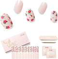 Semi Cured Gel Nail Strips - NAILOG 20 Pcs Pink Flowers Nail Stickers Extra Long Wraps with Glossy Gel Finishing for Spring Summer, Rosette