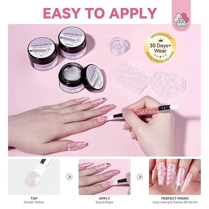 SAVILAND Solid Builder Nail Gel Kit: Aurora Silver Pink Clear 3D Sculpting Gel with Rose Flower Silicone Molds and Dual-Tip Carving Pen for 3D Nail Art Sculpture & Extensions, Home DIY Salon Manicure