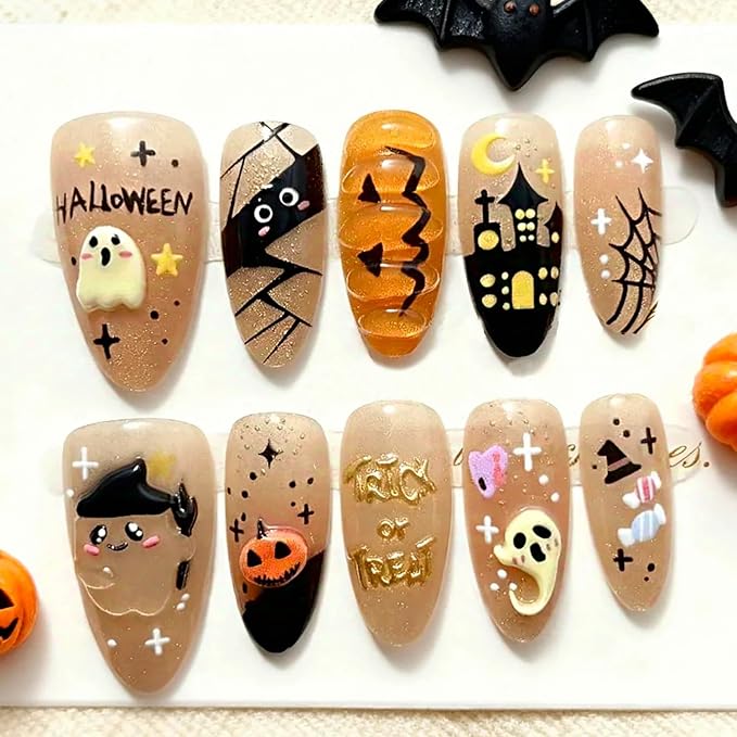 30Pcs Halloween Press on Nails Medium Almond Fake Nails with Gold Letters Cute Ghost Star Designs Goth Pumpkin False Nails Full Cover Artificial Glue on Nails Halloween Holiday Stick on Nail for Women