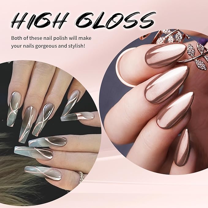 12ml Metallic Painting Gel Liner Nail Art 3D Mirror Chrome Effect Nail Polish Metal Painted Drawing Build in Thin Brush Soak Off UV/LED Light Rose Gold Gel for Nail Art DIY Manicure
