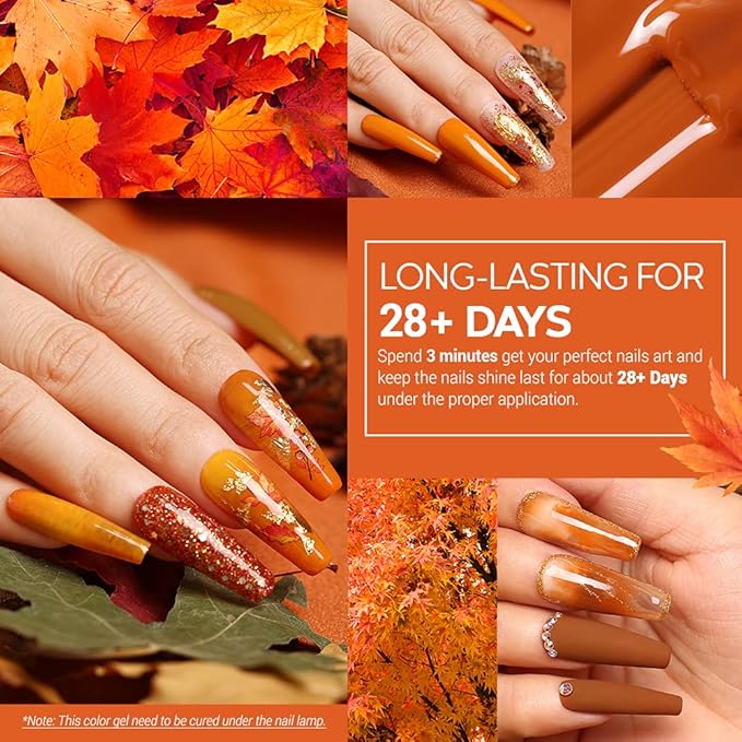 modelones Fall Gel Nail Polish Set, 6 Colors Orange Yellow Brown Glitter Gel Polish Soak Off Nail Kit Manicure DIY Nail Art Salon Home Gift for Women Girls