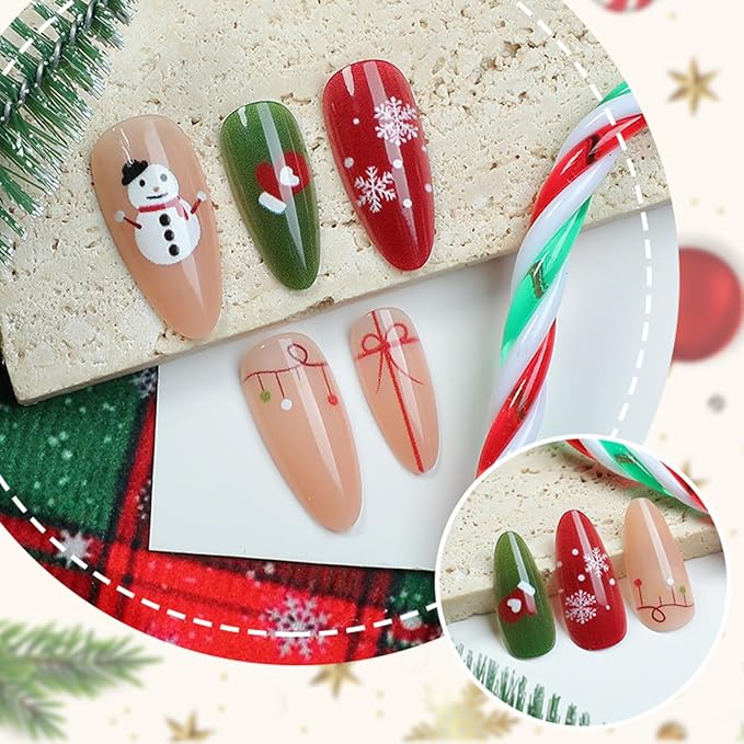 Christmas Motifs Press on Nails Almond Fake Nails Medium Length Nails Press ons with Snowman,Xmas Tree,Candy Cane,Bow Design,Reusable Festive Manicure for Holiday Parties & Winter Celebrations 24Pcs